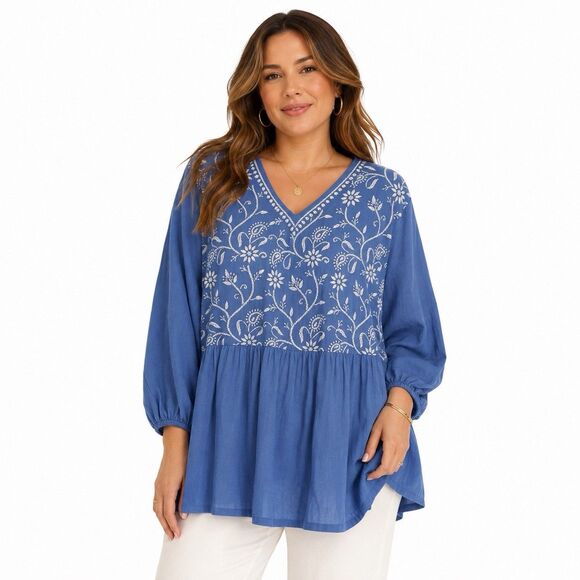 Collections Etc Tops - Collections Ect Tiered 100% Cotton Babydoll Blouse Blue Women's XXL Cottage Boho